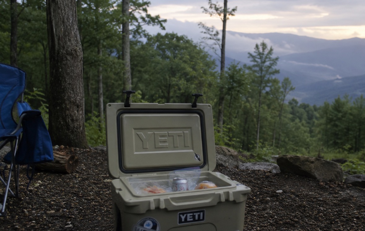 open cooler sitting at a campsite